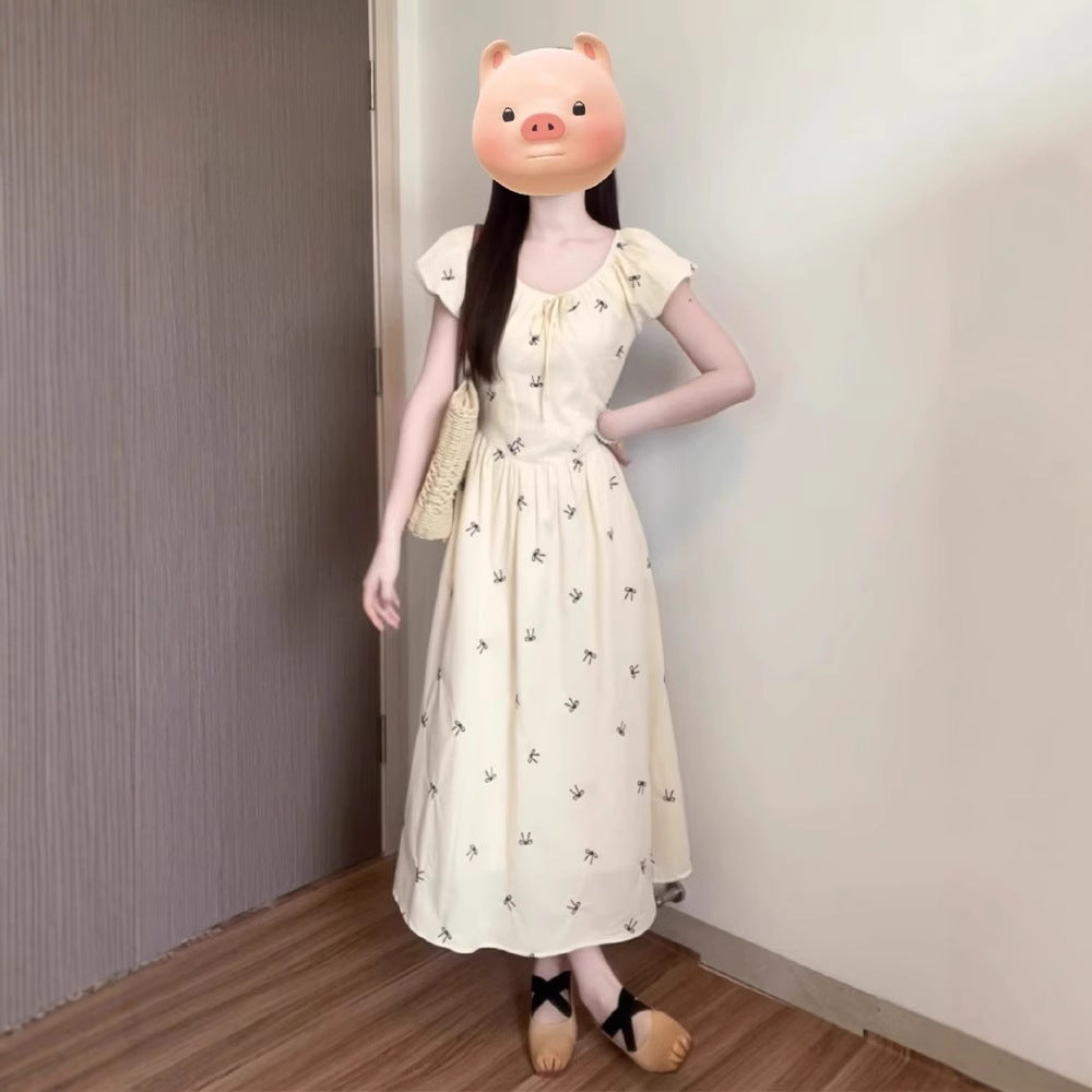 Womens French-style Floral Dress With Bow And s