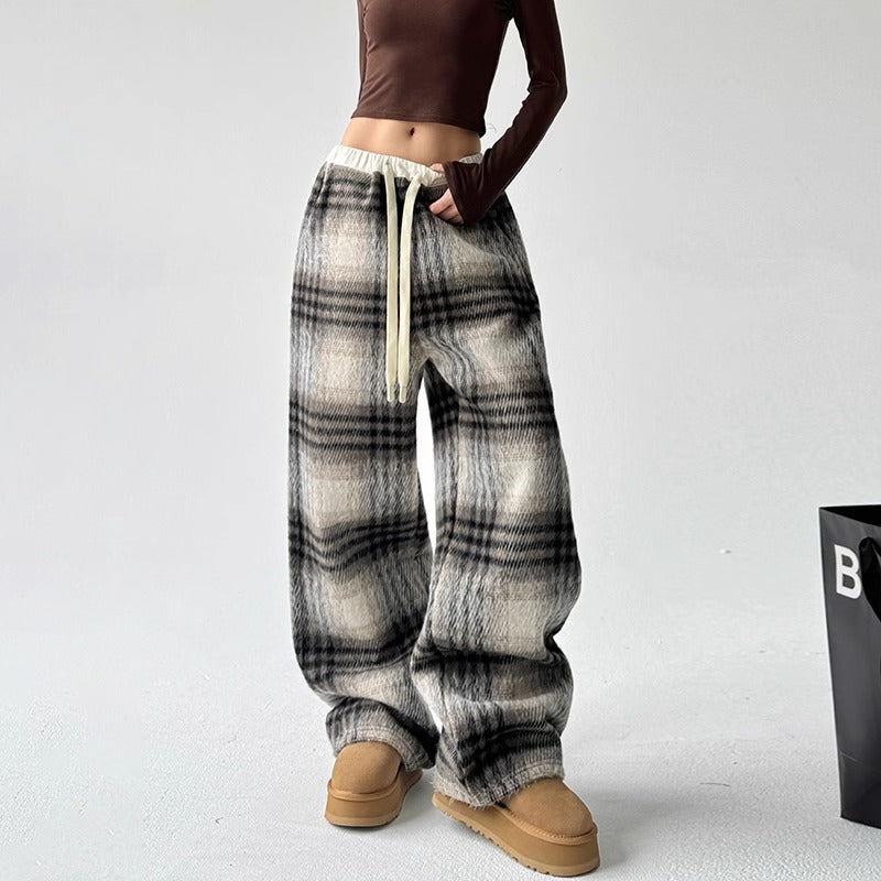 Womens Wool Plaid Straight-Cut Casual High-Waisted Pants