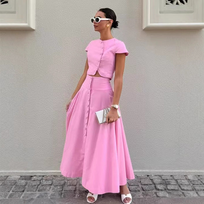Solid-Color Buttoned Short-Sleeve Top And
