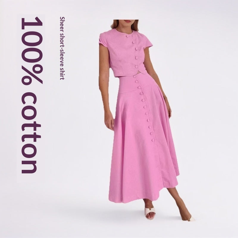 Solid-Color Buttoned Short-Sleeve Top And